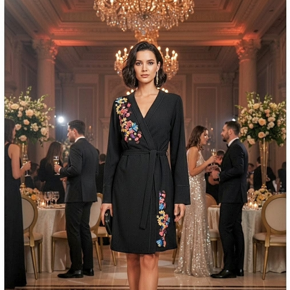 Tanya Taylor Luna Black Floral Embellished Vneck Mini Dress